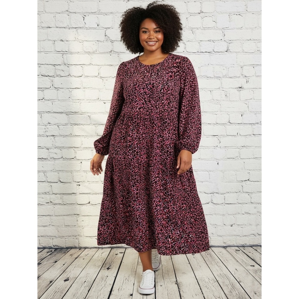 Rae Midi Dress Women Smock Tiered Pink Red Dot Print Size 10 Long Sleeve